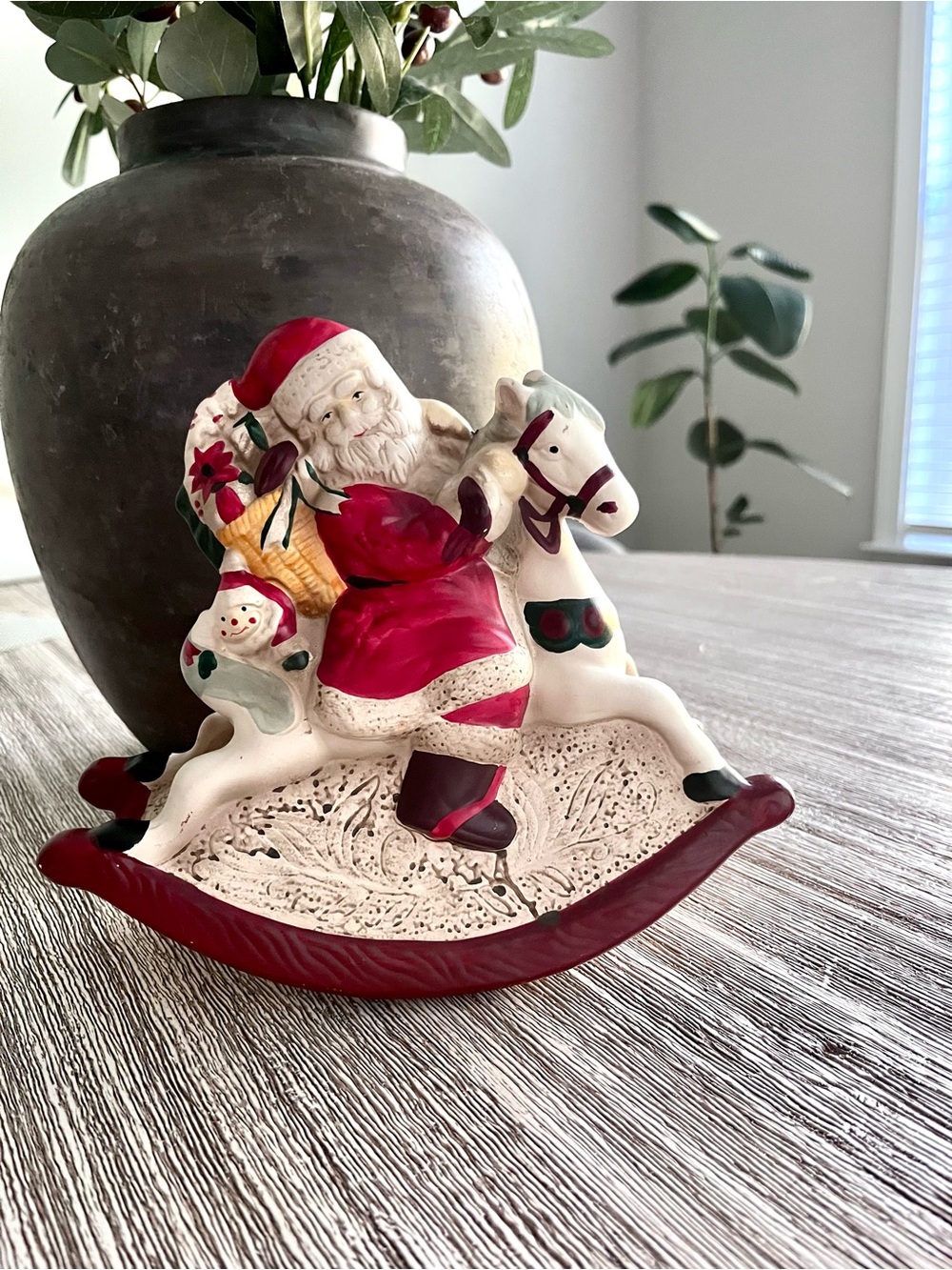 Vintage Music Box (1970s) Handpainted Ceramic Santa on Rocking Horse